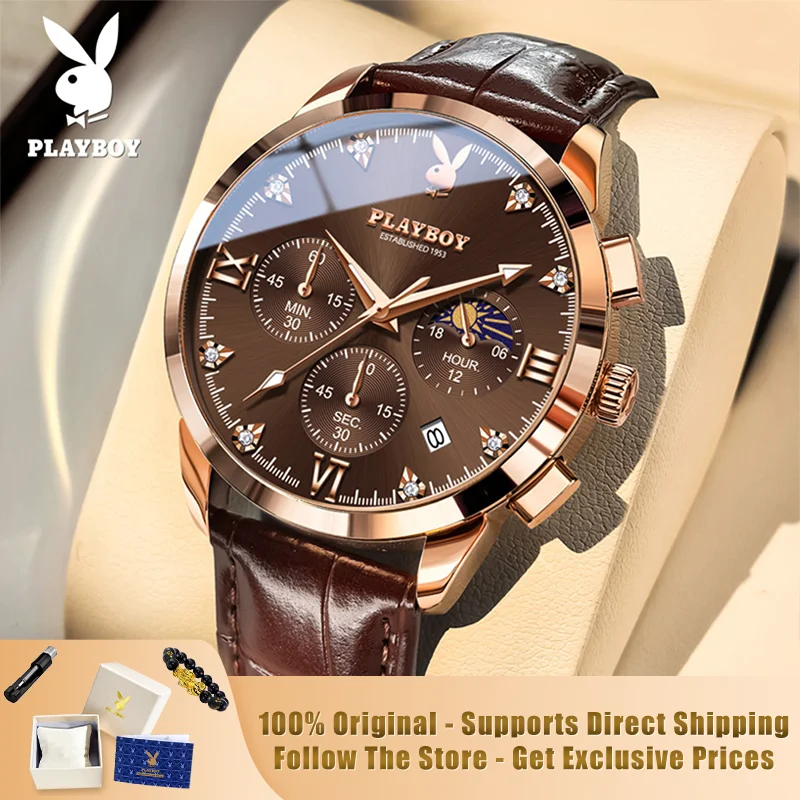 PLAYBOY 3035 Brand original authentic watches for man luxury Gift Box fashion Belt chronograph calendar quartz men's watch