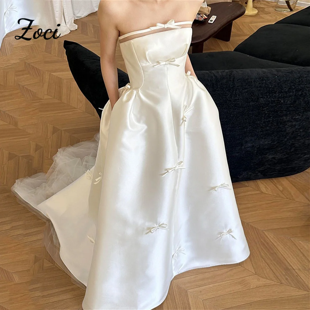 

Zoci Princess Strapless Satin Korea Wedding Dresses Photos Shoot A Line Bow Ribbons Corset Bride Dress Customized Wedding Gowns