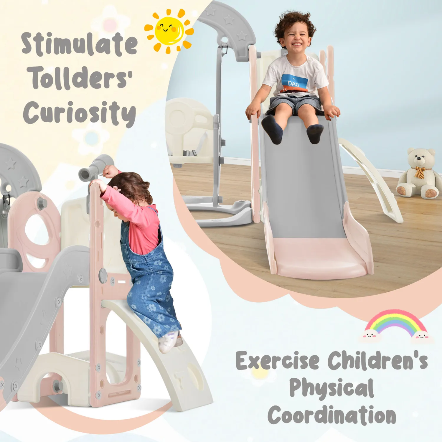 5-in-1 Toddler Slide and Swing Set with Climber, Telescope - Indoor & Outdoor Kids Playground