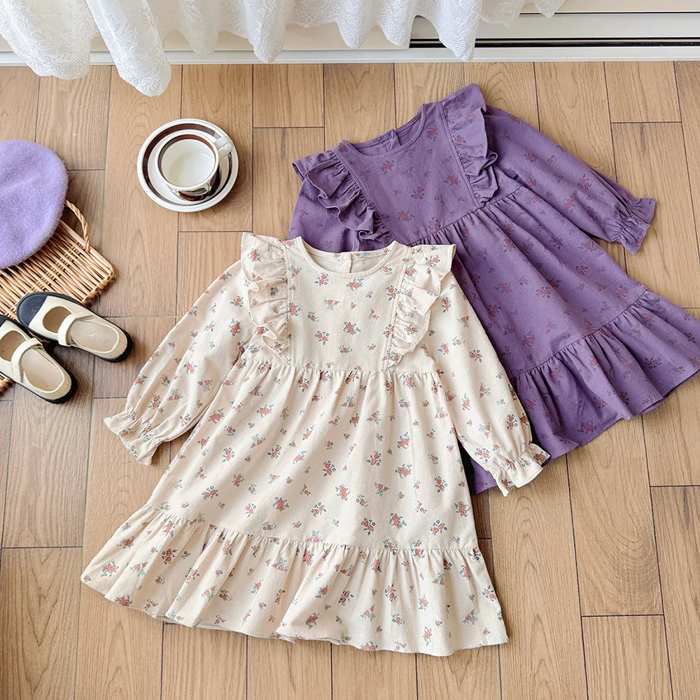 Children's Clothing Lotus Leaf Edge Sweet Beauty Princess Dress 2025 Autumn New Floral Round Neck Long Sleeved Girls Dress