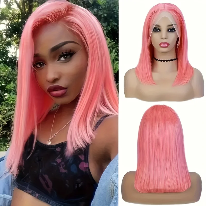 Peruca de cabelo humano curto para mulheres, 13x4 frontal de renda, pré arrancada, rosa claro, 100% cabelo humano