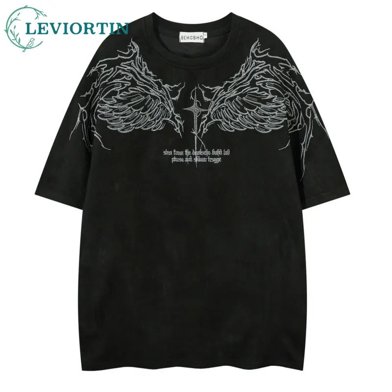 

Summer Trendy Street Personalized Fashion High Street Leather Handsome Heavy Industry Embroidered Loose Round Neck Couple's Topp
