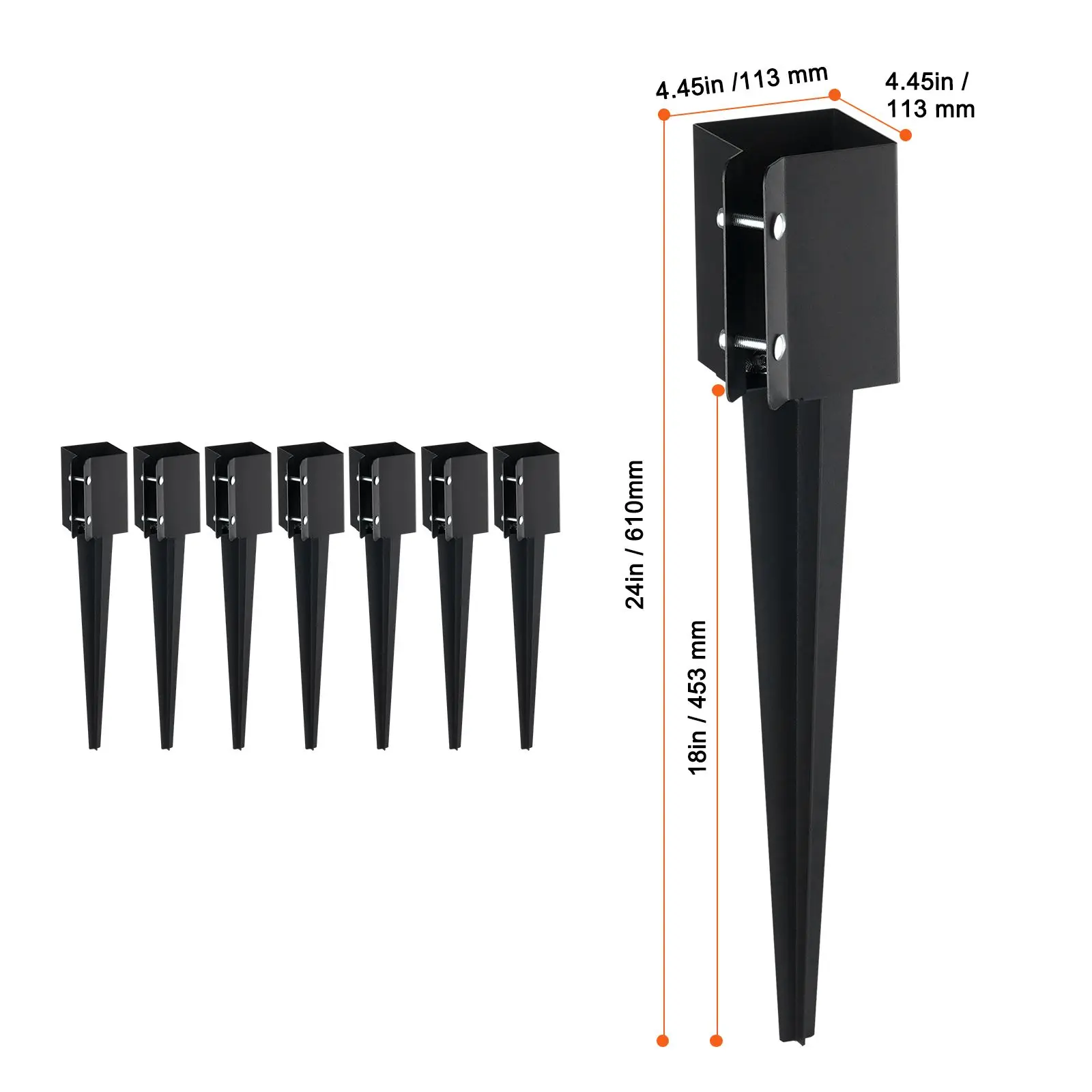Fence Post Anchor Ground Spike, 8 Pack 24 x 4 x 4 Inches Outer Diameter (Inner Diameter 3.5 x3.5 Inches), Metal Black Powder Coated Post Stake Ground, for Mailbox Deck Garden Railing