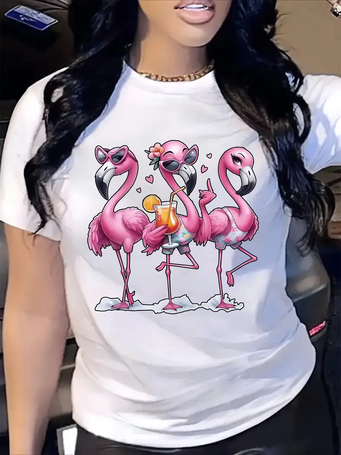 

Three Fashion Flamingo Printed T-shirts Casual Short Sleeved Round Neck Tops Comfortable Daily Fashion Women's Summer Clothing