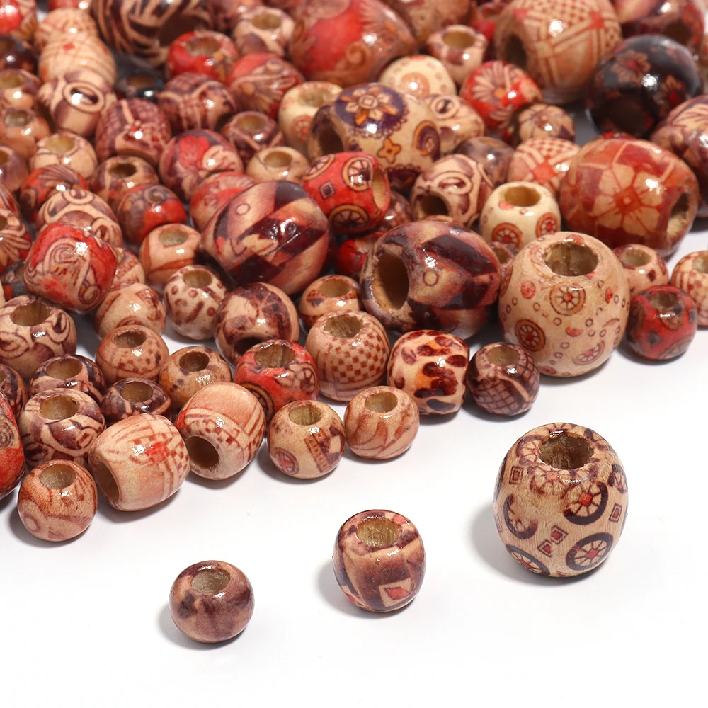 50/100Pcs Painted Natural Wooden Beads Round Big Hole Spacers Beads for Jewelry Making Fit Charm Bracelet Hair DIY Findings