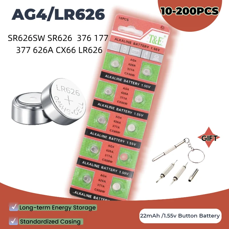 

10-200pcs LR44 AG4 1.55V Alkaline Watch Button Battery AG4 377A 377 LR626 SR626SW SR66 LR66 For Toy Calculator Car Key Clock