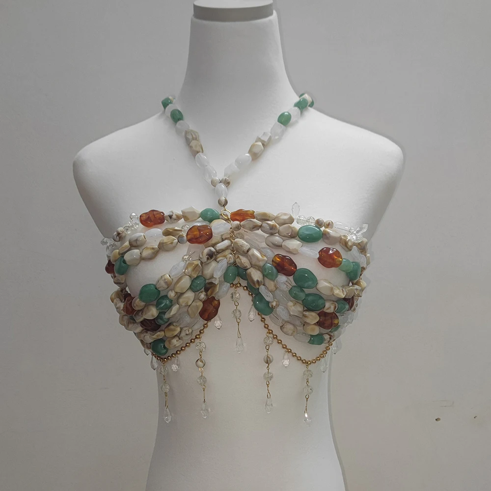 Sexy Women Irregular Shape Acrylic Beaded Suspender Hollow Tassel Luwen Short Top Beach Island Travel Pearl Body