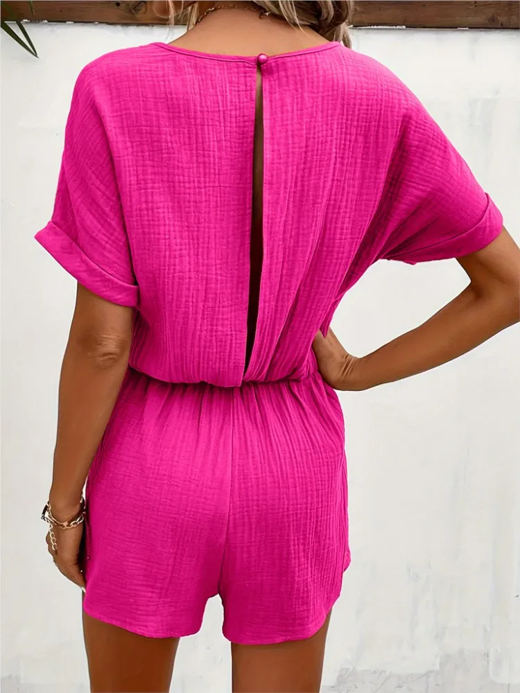 Woman Fashion New Loose Playsuit 2025 Summer Casual Solid Color V Neck Short Sleeve Jumpsuits Office Ladies Jumpsuit