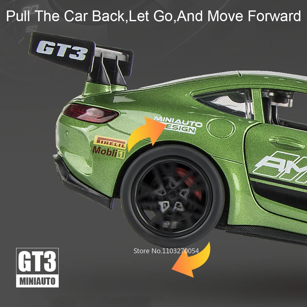 Supercoche de aleación GTR GT3 1:24, coches de policía fundidos a presión, modelo de juguetes, sonido, luz, extraíble, 4 puertas, vehículo en miniatura abierto, regalos para niños