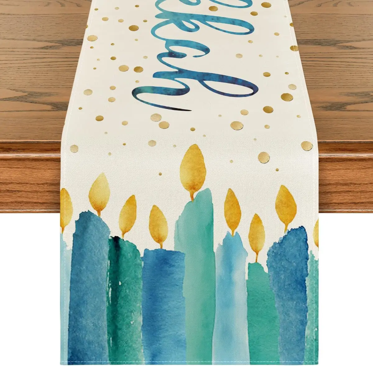 Happy Hanukkah Watercolor Candle Linen Table Runner Dresser Scarf Jewish Menorah Chanukah Table Runner Kitchen Party Table Decor