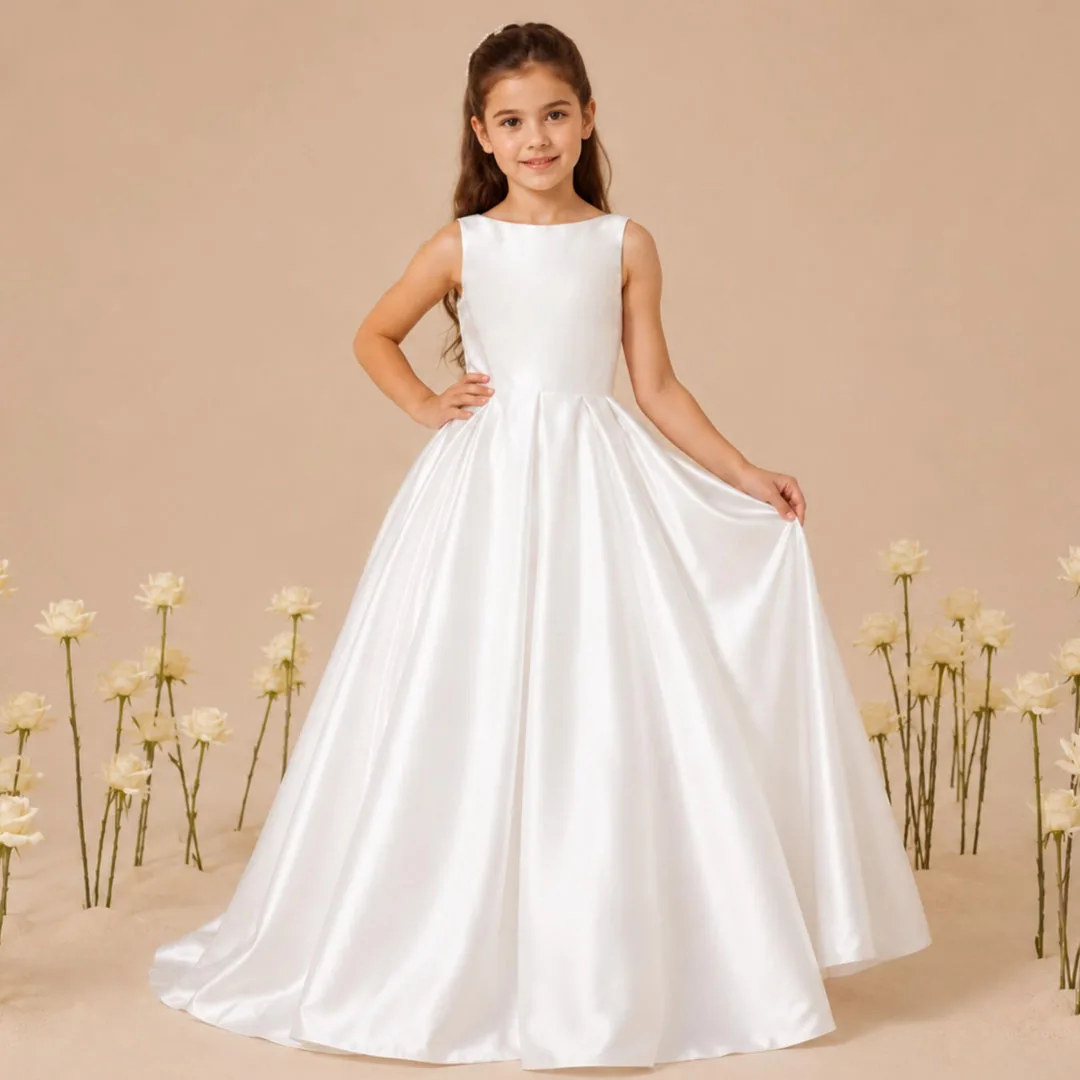 Customized Flower Girl Dress White Satin With Bow Sleeveless For Wedding Birthday Prom Party Banquet Evening Ball Princess Gown