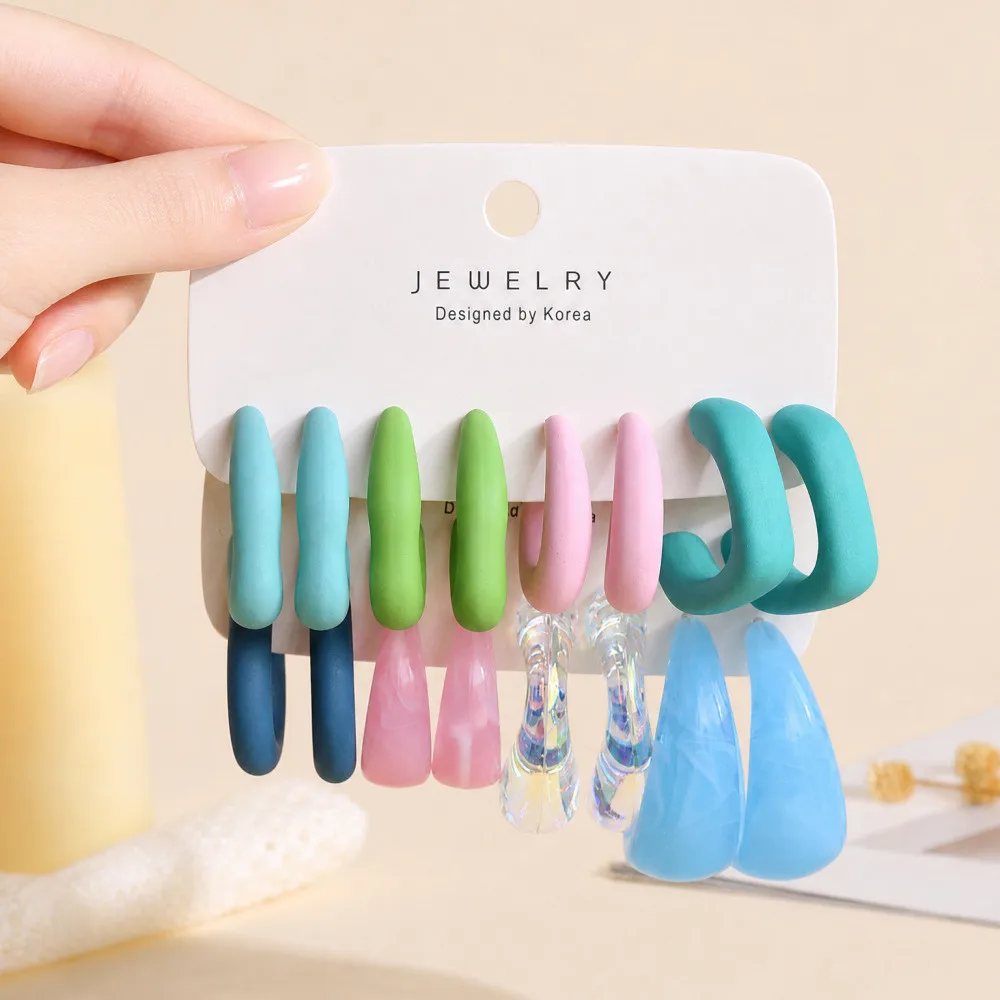 4/6/8/12Pairs Women  Acrylic Hoop Earring Set Pastel Solid Color Marble Pattern Teardrop Dangle Earrings Fashion Accessories