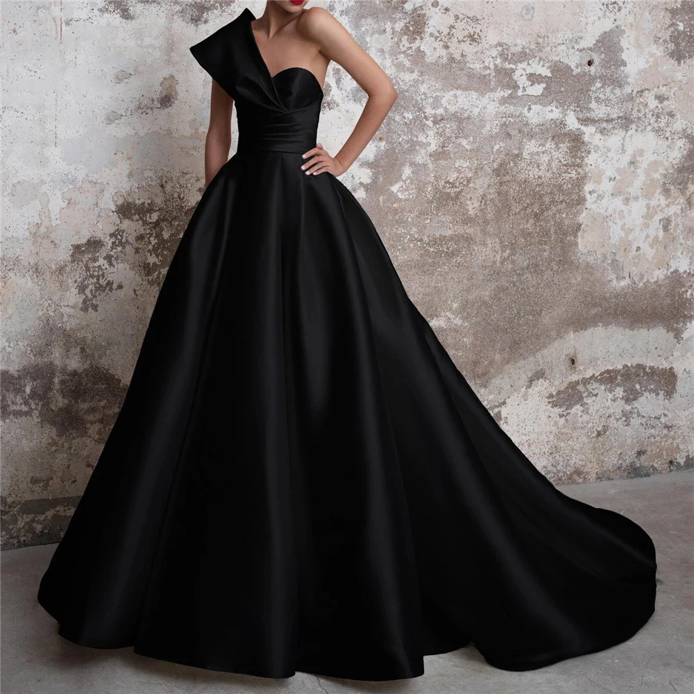 

Eightale Satin Evening Dresses Black Formal Prom Dresses One Shoulder Long Ball Gown Ladies Dresses for Special Occasions