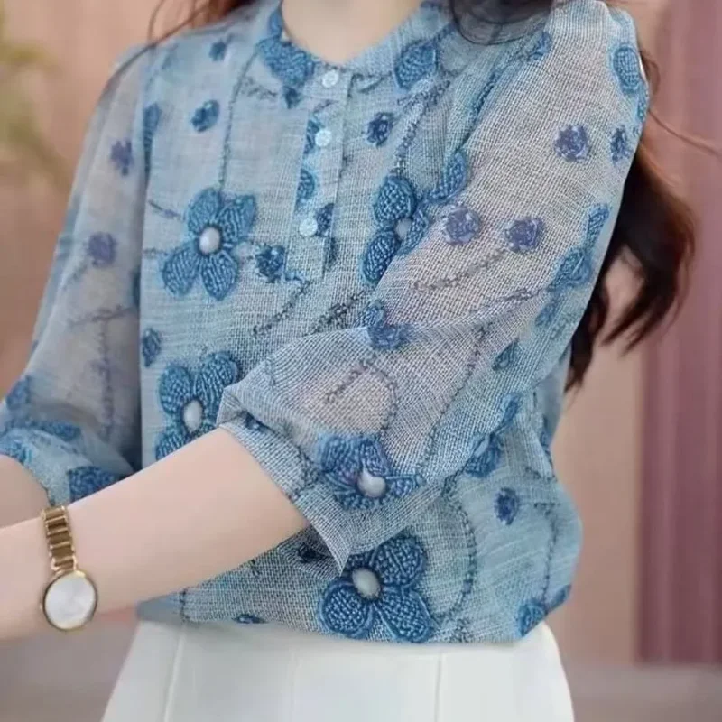 

Модная элегантная женская блузка с синим цветочным принтом и рукавом три четверти, новая стильная универсальная модель