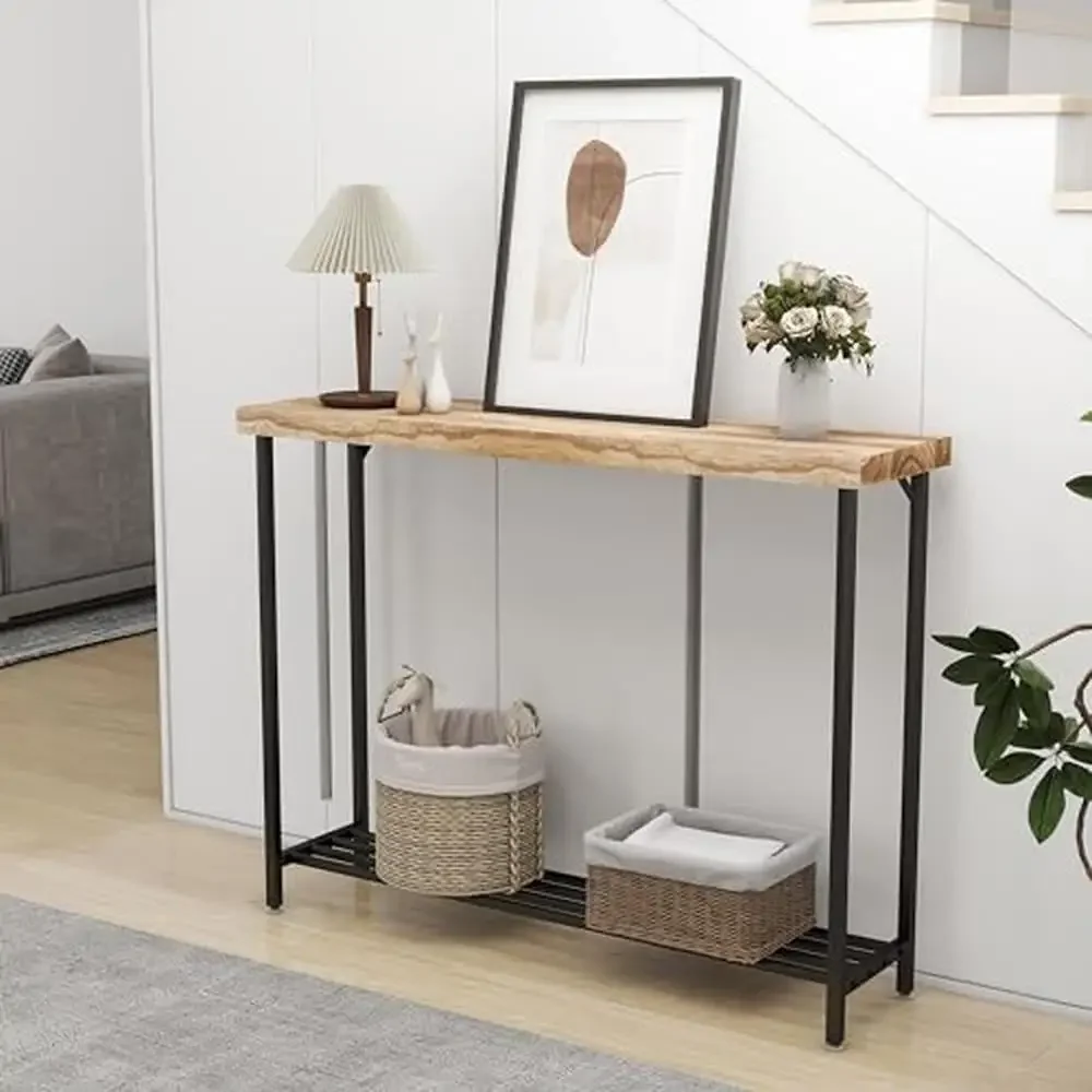 Solid Wood 2 Tier Console Table with Metal Frame Entryway Storage Shelf Living Room Hallway