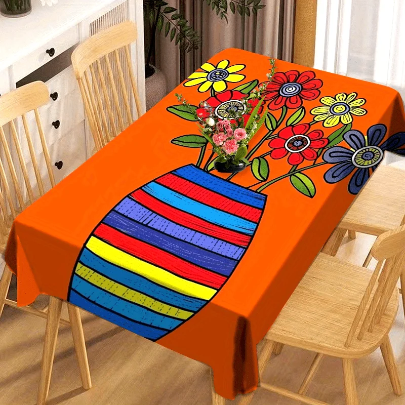 Orange Background Colorful Striped Vase Flower Tablecloth, Rectangular Washable Table Cover for Dining Room & Holiday Family