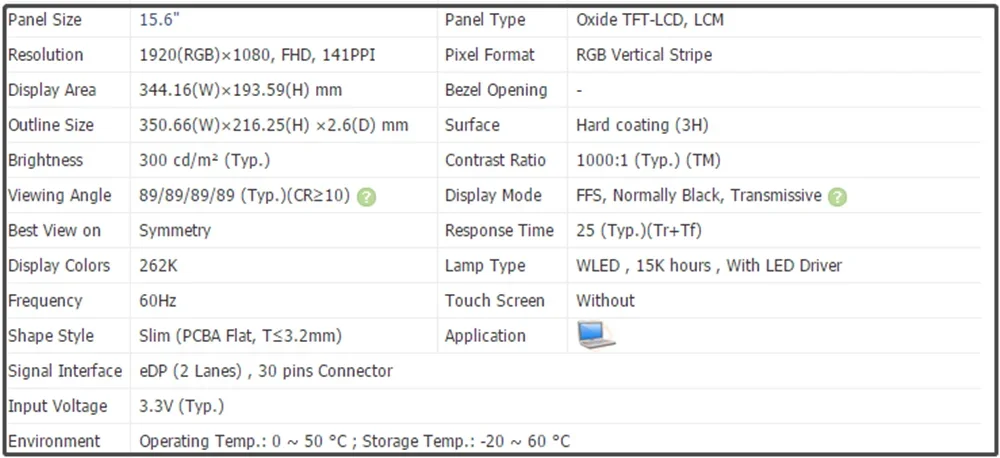 15,6-дюймовый ЖК-экран IPS-панель FHD 1920x1080 EDP 30 контактов Тонкий 60 Гц 300 кд/м2 (тип.) LM156LF9L02