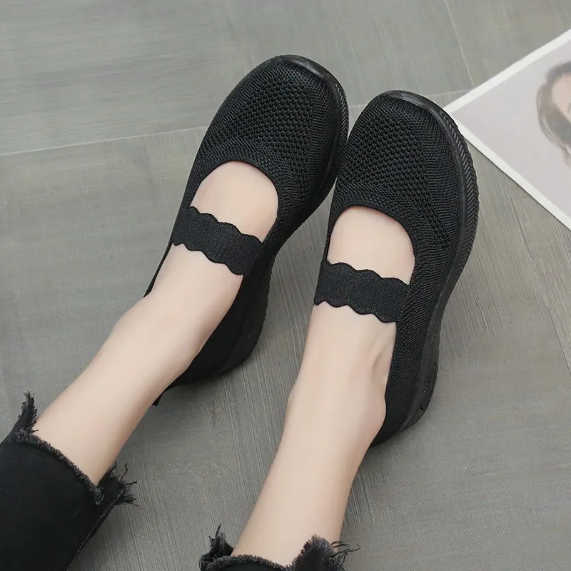 2024 new women Sneaker flat Mesh Knitted slip on mary janes breathable comfort casual design walking black Foam casual shoes