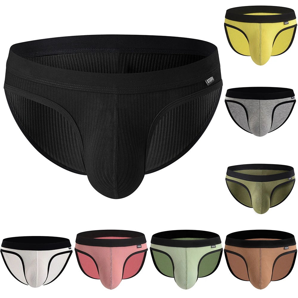 Male Briefs Ribbed Striped Soft Panties Swimwear Underwear Men Breathable Bulge Pouch Underpants Elastic Waist Briefs