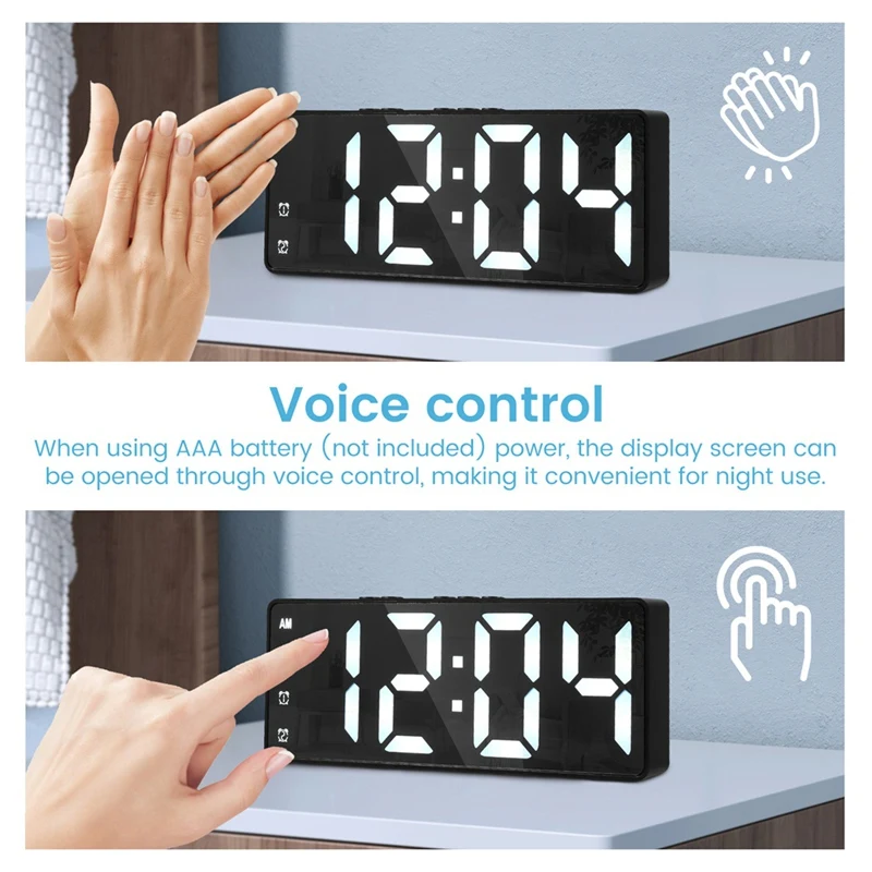 

Digital Alarm Clock 12/24H Display Voice Control Temp Snooze Night Mode Adjustable Brightness LED Clocks No Battery Retail