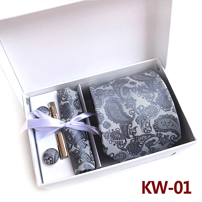 14 Colors 6pcs Set Gift Box for Men Wedding Suit Accessories Paisley Polyester Necktie Pocket Square Clip Cufflinks Handkerchief