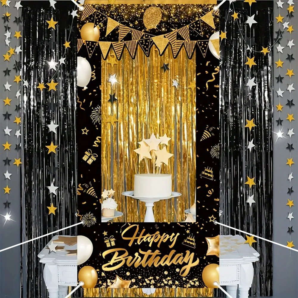 Fotobox-Rahmen Schwarz-Gold Geburtstagsparty Foto-Requisite Polyester Happy Birthday Foto-Hintergrund-Banner für Geburtstagsparty-Dekoration – Detail 4