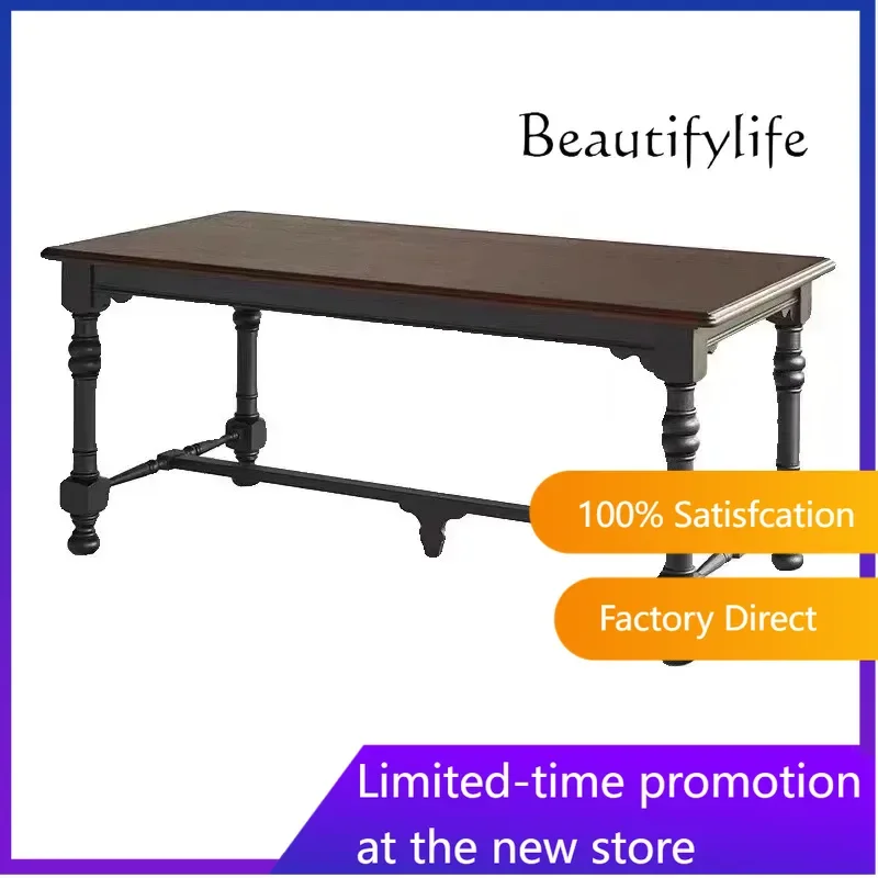 French solid wood dining table medieval black retro home long table American villa rectangular dining table