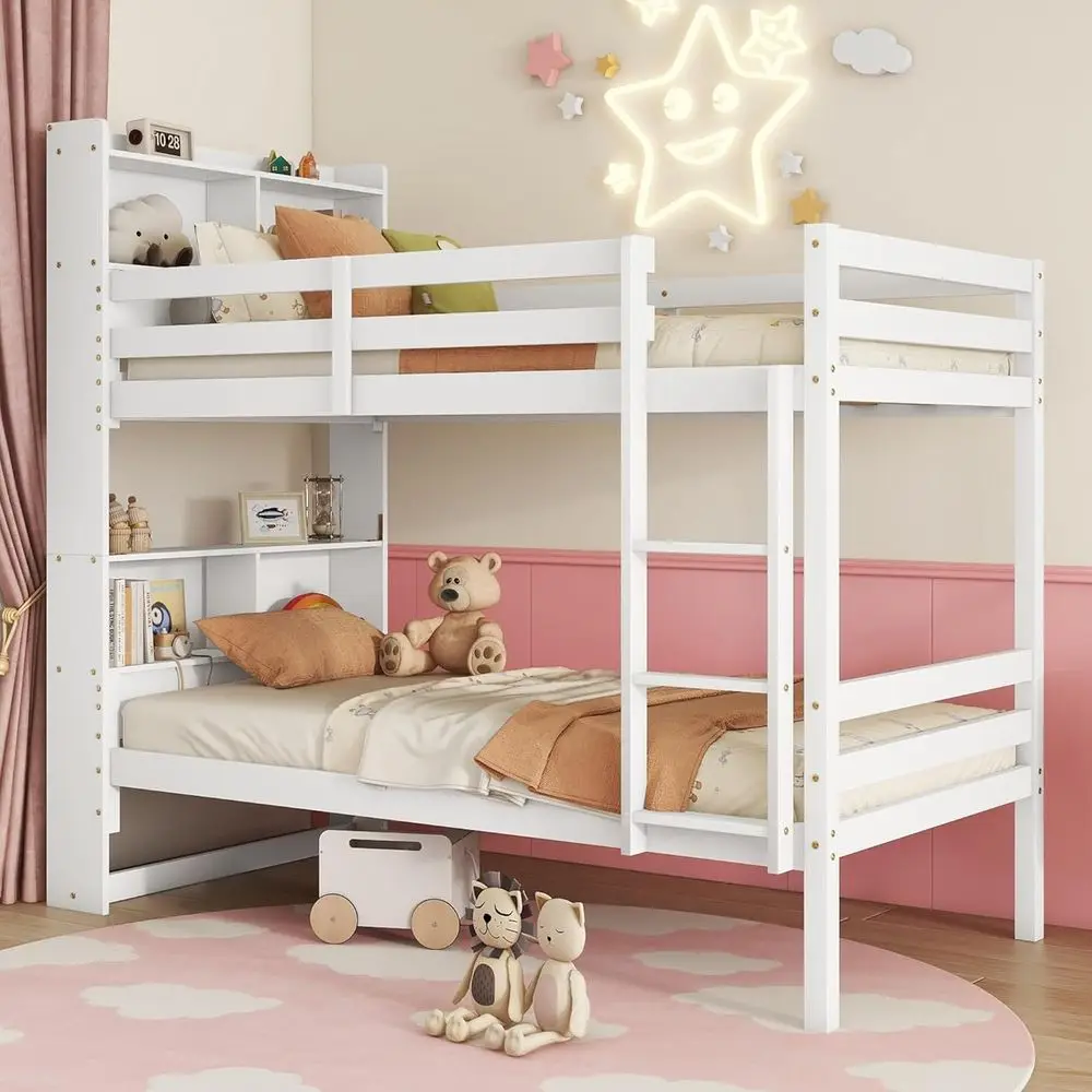 

White Twin Over Twin Bunk Bed with Storage, Guardrails, Ladder, and Splittable into Two Beds for Kids and Adults
