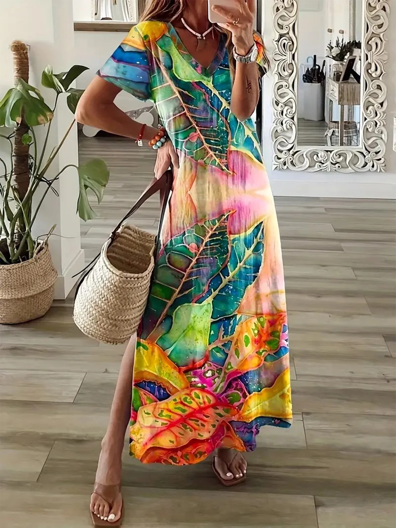 Robe élégante pour femmes, fendue, décontractée, manches courtes, Maxi, t-shirt de vacances, débardeur, vêtements de plage fluides pour le Style de vacances