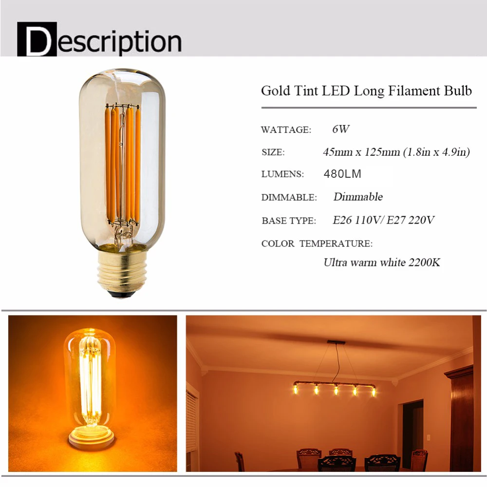 5 Stück röhrenförmige LED-Glühbirne E27 Edison Vintage LED dekorative Glühbirnen 220V 6W T45 Pendel leuchte Decken leuchte Ersatz lampe