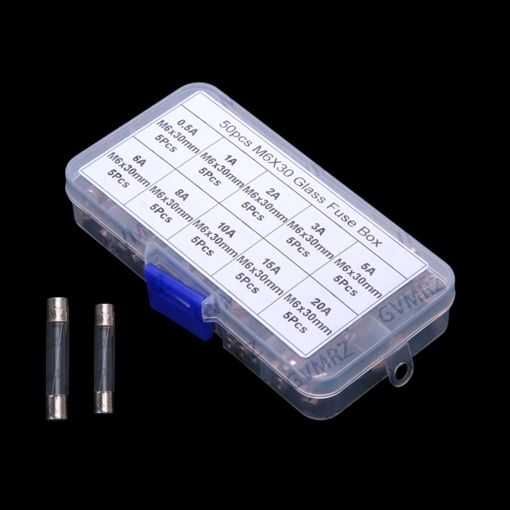 50PCS 0.5A-20A 0.5A 1A 2A 3A   8A 10A 15A 20A 6*30MM Glass Fuse Tubes 250V Box 0.5A 1A 2A 3A 5A 6A 8A 10A 15A 20A 6X30