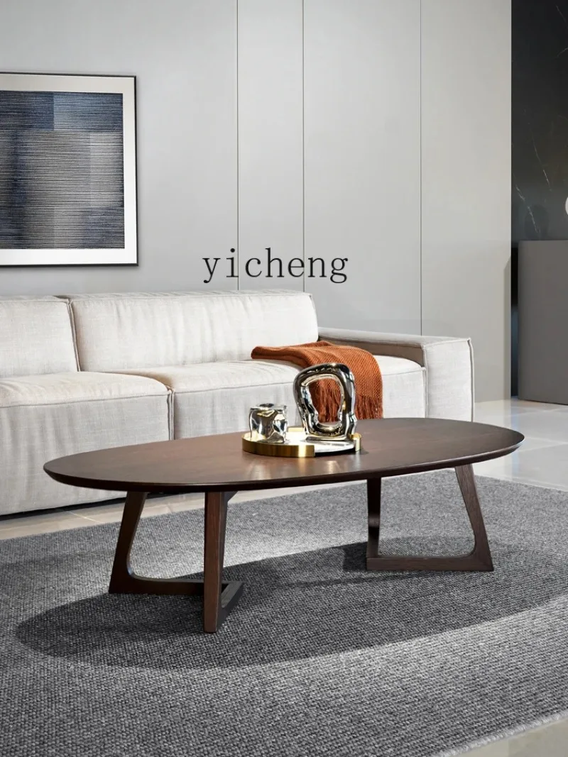 Minimalist Light Luxury Living Room Smoked Wood Walnut Black Combination Oval Coffee Table Side Table Furniture-D21