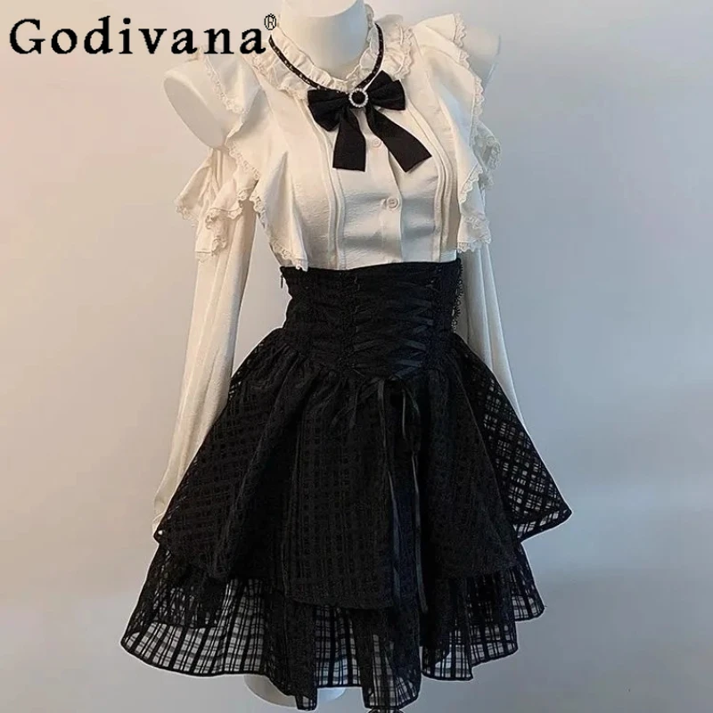 

Japanese Style Lolita Set for Women Summer Off Shoulder Blouse Black Mini Skirt Two Piece Suit Girls Sweet Bow Outfits
