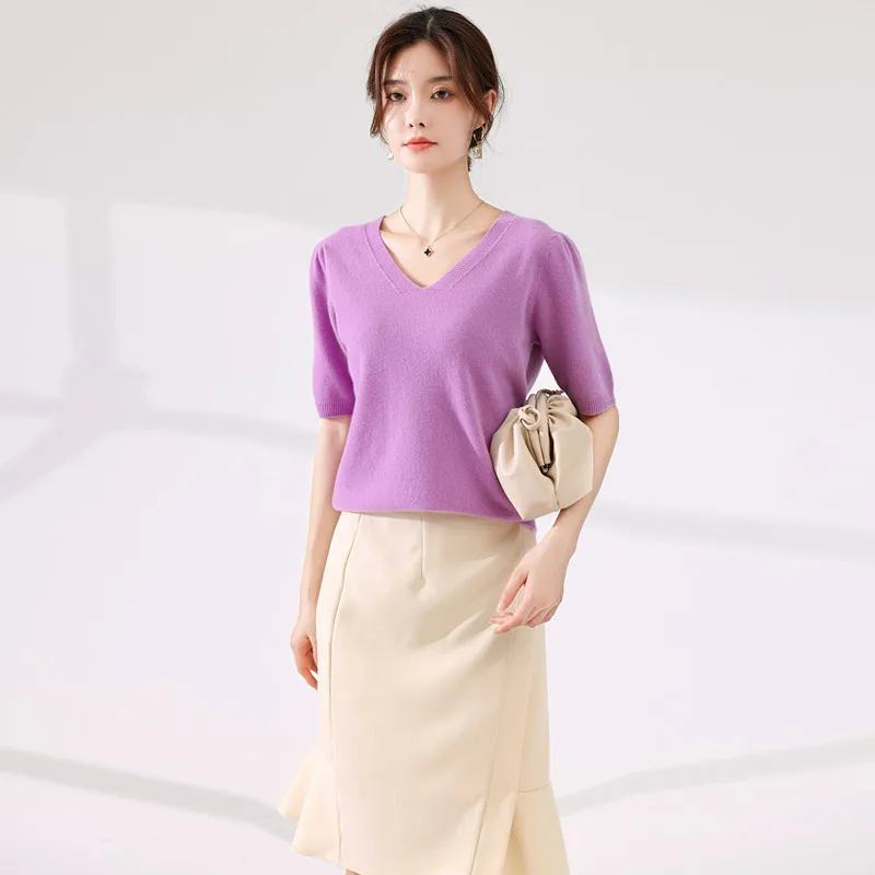 

Women's 100% Sheep Wool T-Shirts 2022 Spring V-Neck Seamless Cashmere Sweater Short Sleeve Ladies Pure Wool Tee Tops