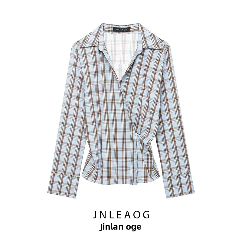

Fashionable Plaid Shirts Women's Slim Fit Polyester Fiber Short Sleeve Turn-down Collar Spring New Style JNLEAOG 4661003