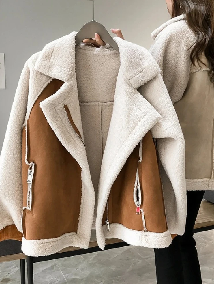 

Autumn Winter New in Loose Retro Fur Integrated Suede Jacket Women's Short Casual Warm Lamb Fleece Jacket