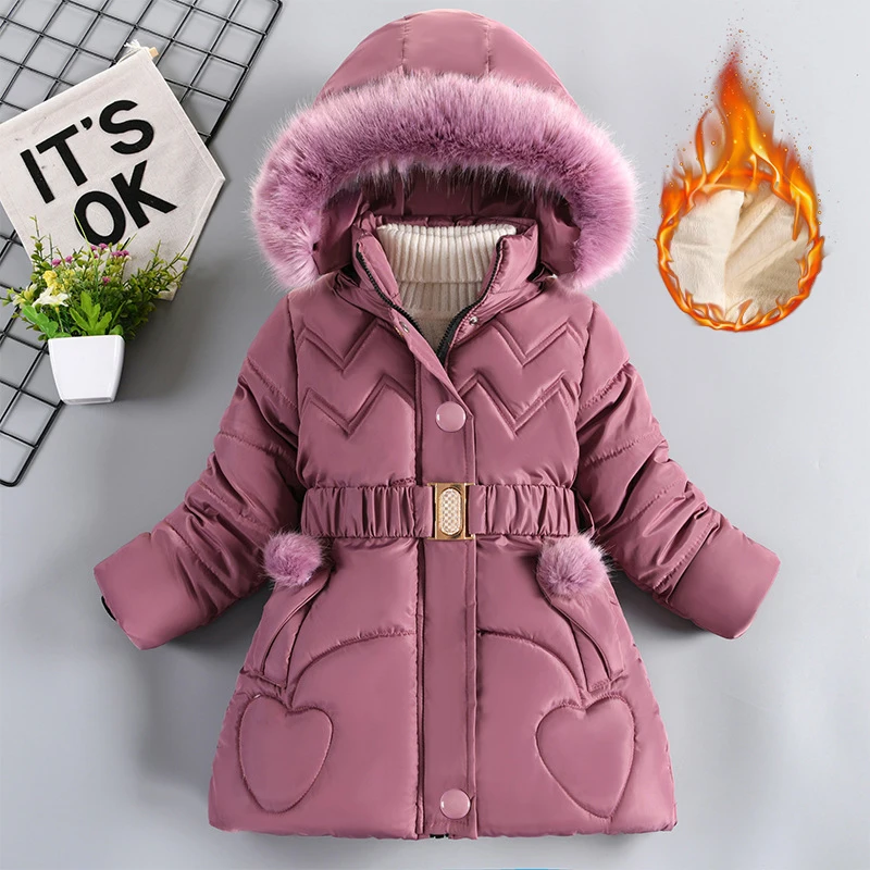 4-10 Years Fashion Girls Jacket Winter Solid Color Heart Decoration Lining Plush Warm Hooded Coat For Kids Children Outerwear