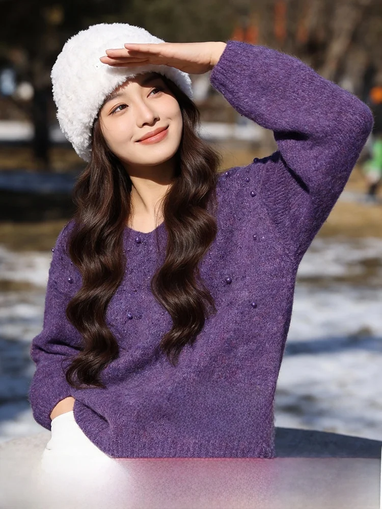 

Женский свитер большого размера, вязаный, с V-образным вырезом, с обильной отделкой, зимний, утягивающий, базовый слой, с ромбовидным узором, согревающий, повседневный