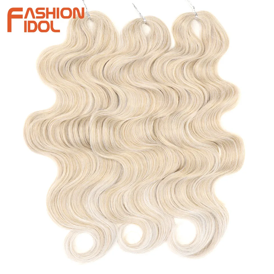 FASHION IDOL Cabello de crochet de onda corporal suave, 24 pulgadas, 3 piezas, trenzas sintéticas, cola de caballo falsa, ondulado ombre rubio, extensiones de cabello