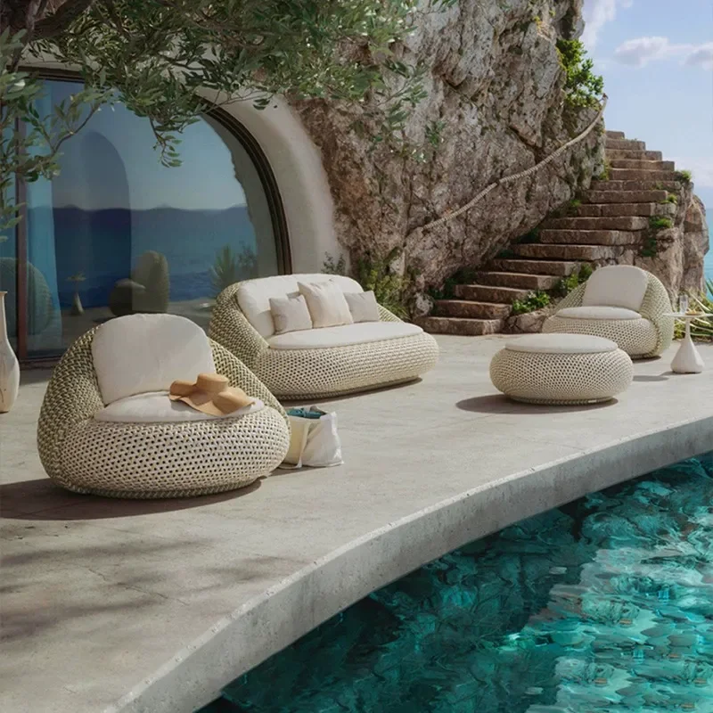 Outdoor Rattan Sofa Set with Coffee Table Weatherproof Patio Furniture for Villa Courtyard Terrace Balcony Bed and Breakfast