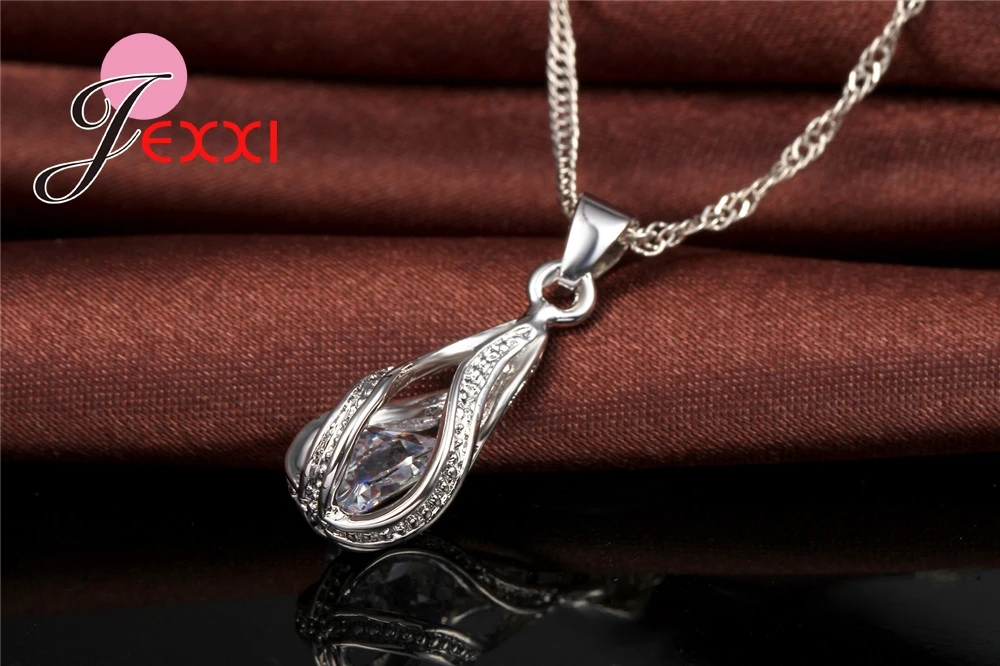 8 Colors Best Gift for Women Girls Friends 925 Sterling Silver Jewelry Set CZ Cubic Zircon Water Drop Necklace Dangle Earrings