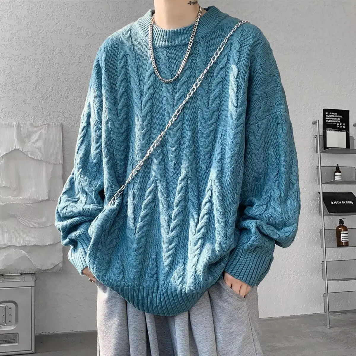 

Свободный вязаный свитер-пуловер унисекс с круглым вырезом, утепленный, в стиле кэжуал, для мужчин и женщин, зимняя уличная мода