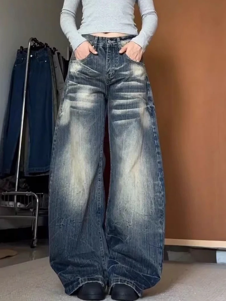 

Ретро-джинсы в американском стиле с эффектом потертости, широкие, женские, элегантные, весенние, новые, свободные, прямого кроя, из денима, с естественной линией талии