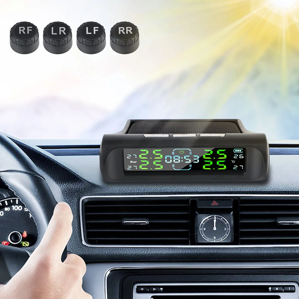 Avec horloge numérique solaire TPMS T11, système de surveillance de la pression des pneus, testeur sur tableau de bord de voiture, 4 capteurs TPMS, ensemble d'alarme de sécurité automobile