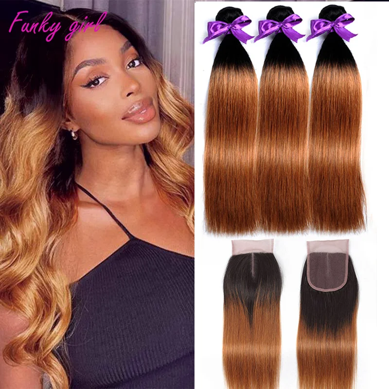 Highlight Bundles With Closure Brazilian Human Hair Ombre Straight Bundle With Frontal 1B/30 Brown Color Remy Hair Weave Bundles