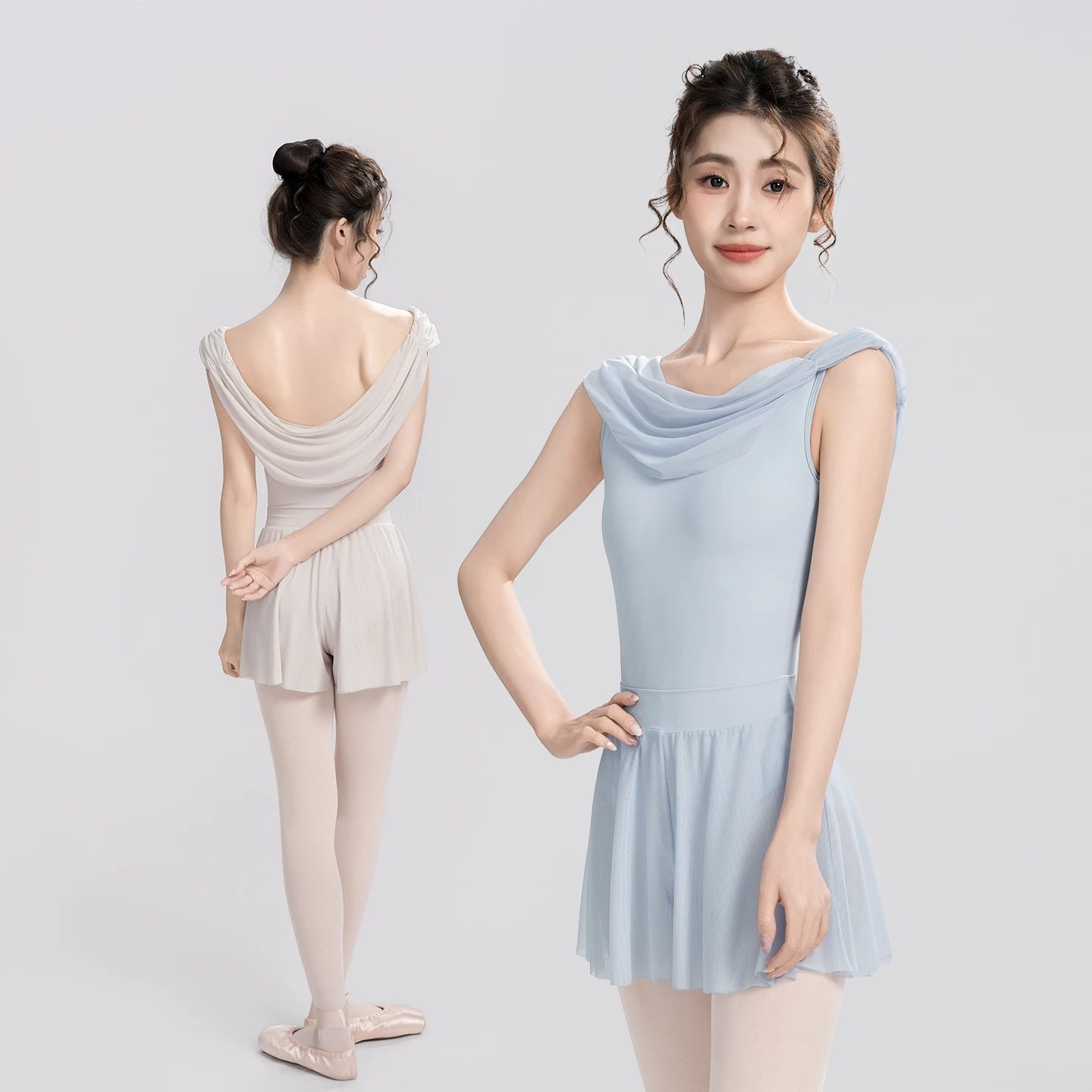 

Woman Ballet Leotards Tulle Cowl Neck Dance Bodysuit Short Sleeves Aerial Yoga Leotard Adult Ballerina Nylon Ballet Bodysuits