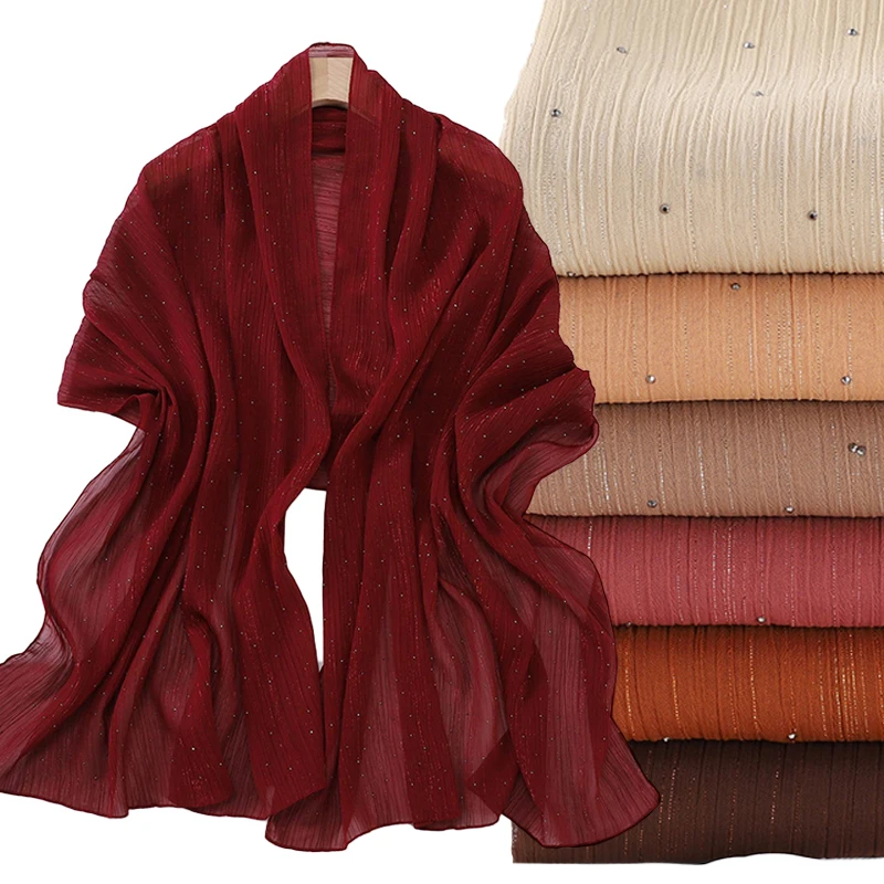 

Весенние однотонные морщины со стразами, блестящие мерцающие шали, шарф для женщин, Рамадан, высокое качество, пляжный палантин, мусульманский хиджаб Bufandas