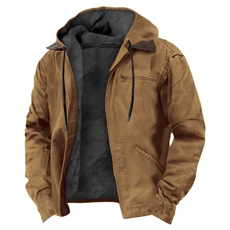 

LIBIELIY Winter New Men Casual Jackets Hooded Zipper Pocket Fashion Solid Color Fleece Warm Outerwear Male Outdoor Hooded Hoodie