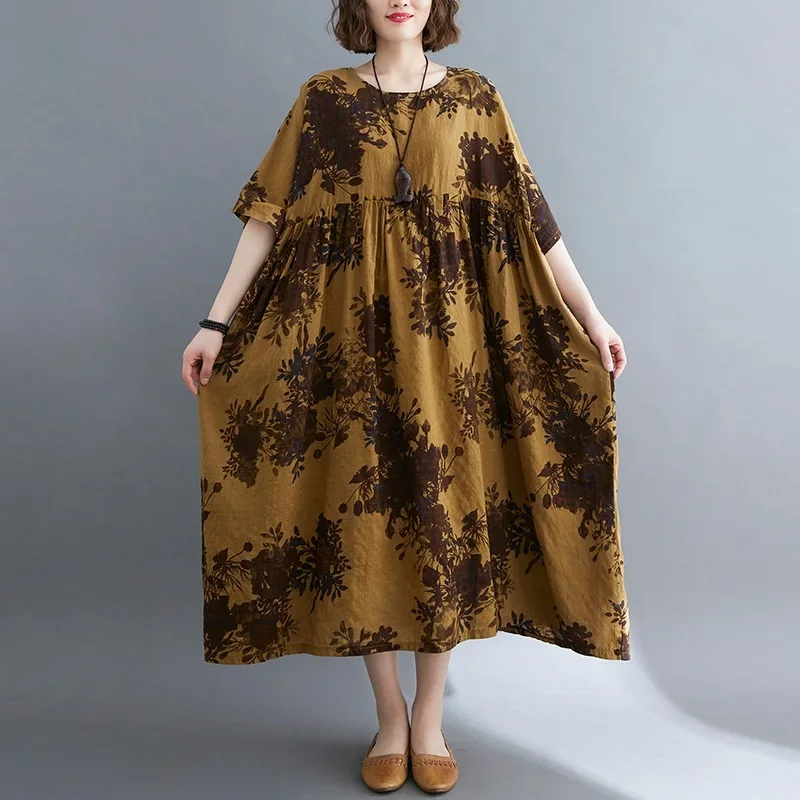 Manga corta de algodón de gran tamaño vintage floral nuevo en vestidos para mujeres casual suelto vestido largo de verano ropa elegante 2025