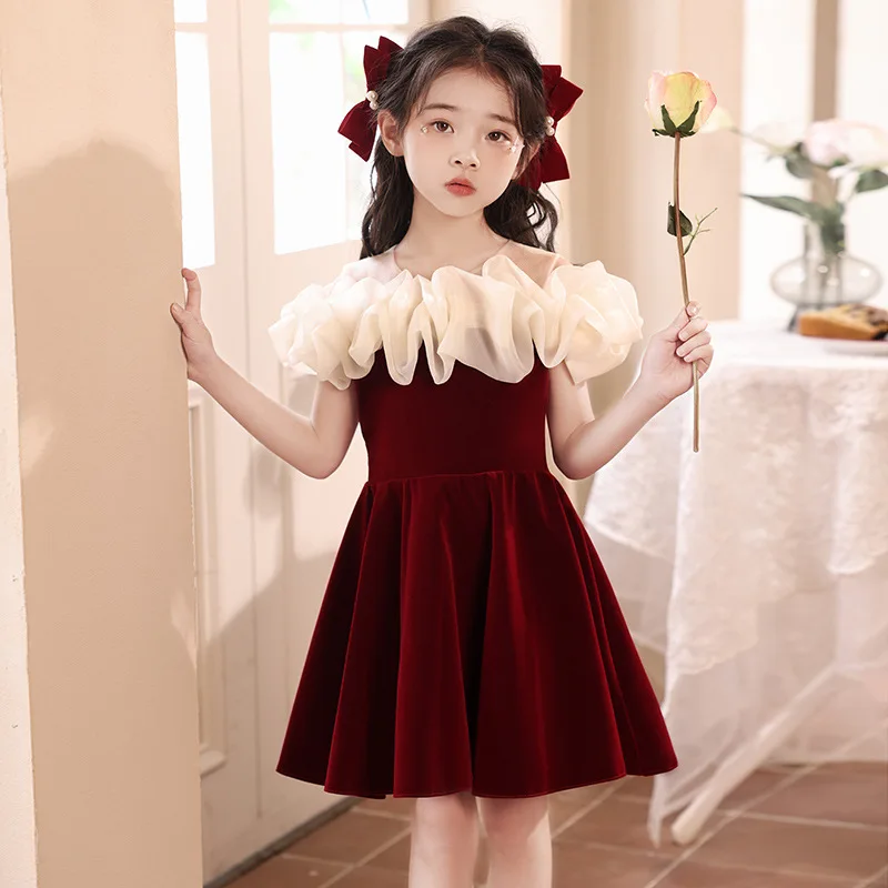 ' Red High-End Evening Dress for Flower Girls, Conductors, Princess Dresses, Children's Hosts, Piano Performance Costumes